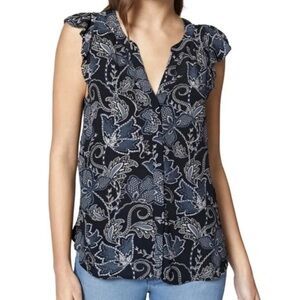 ❤️ SANCTUARY Black Blue Floral Ruffled Sleeveless Top Blouse Paisley Sleeve